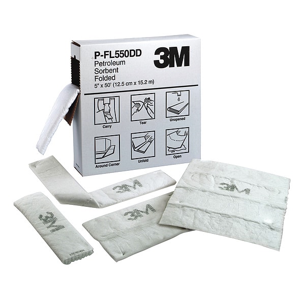 3M Sorbents, 10 gal, 5 in x 50 ft, Oil, White, Polyester, Polypropylene, Synthetic Fibers - PFL550DD