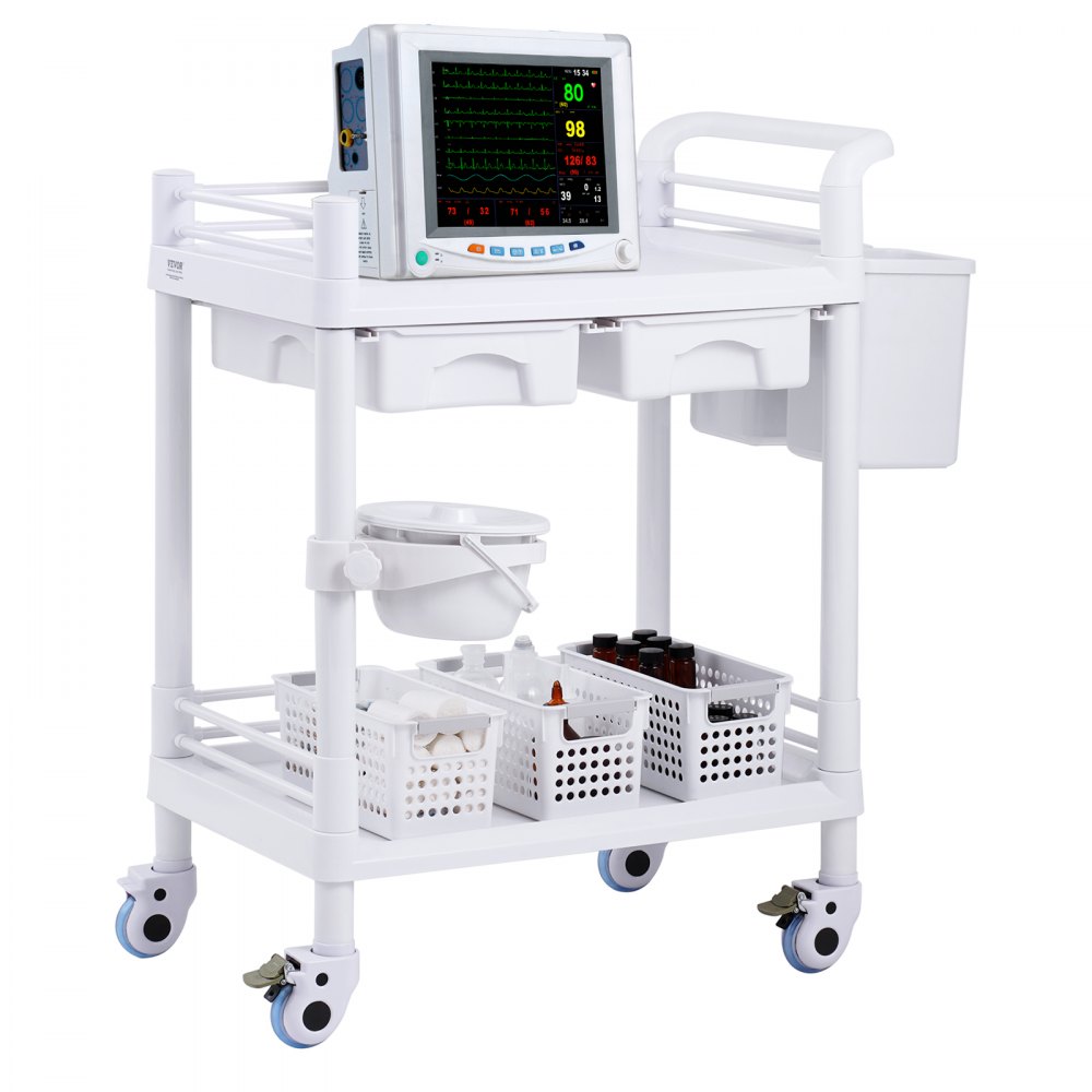 VEVOR 2 Tiers Lab Carts Mobile Medical Cart 2 Trays 2 Drawers 3 Trash Cans White, Trolley Storage Cart with PP Material, Lab Rolling Cart with 4 Silent Wheels for Lab, Clinic, Hospital, Salon, Office - SYSTCECKFBS4Q6WT7V0