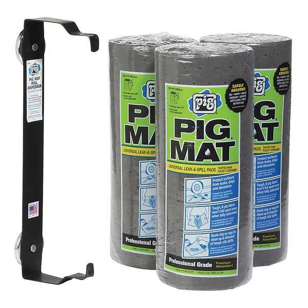 Pig Sorbents, 10 gal, 15 in x 50 ft, Universal, Gray, Polypropylene, Steel - 57703