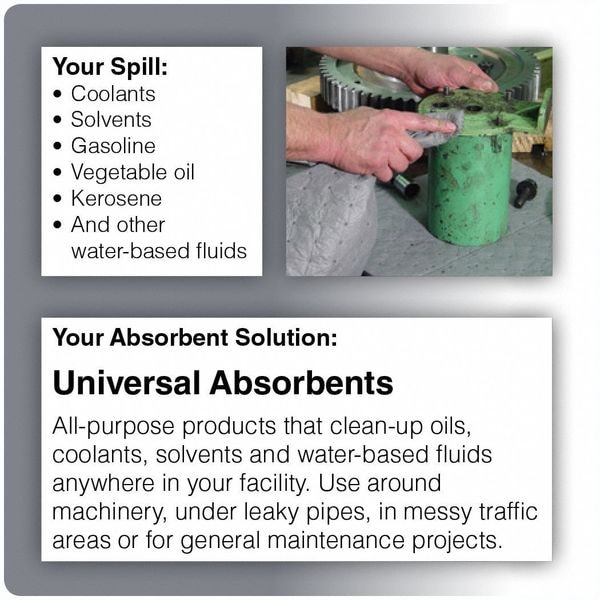 Brady Sorbents, 3 gal, 7 1/2 in x 50 ft, Universal, Gray, Polypropylene - SRP75P
