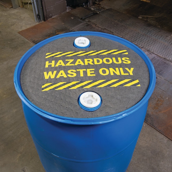 Pig Absorbent Barrel Top Safety Message Mat w Poly Backing Hazardous Waste Only, 25PK - SGN1213