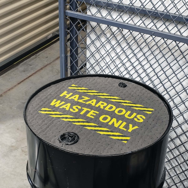 Pig Absorbent Barrel Top Safety Message Mat w Poly Backing Hazardous Waste Only, 25PK - SGN1205