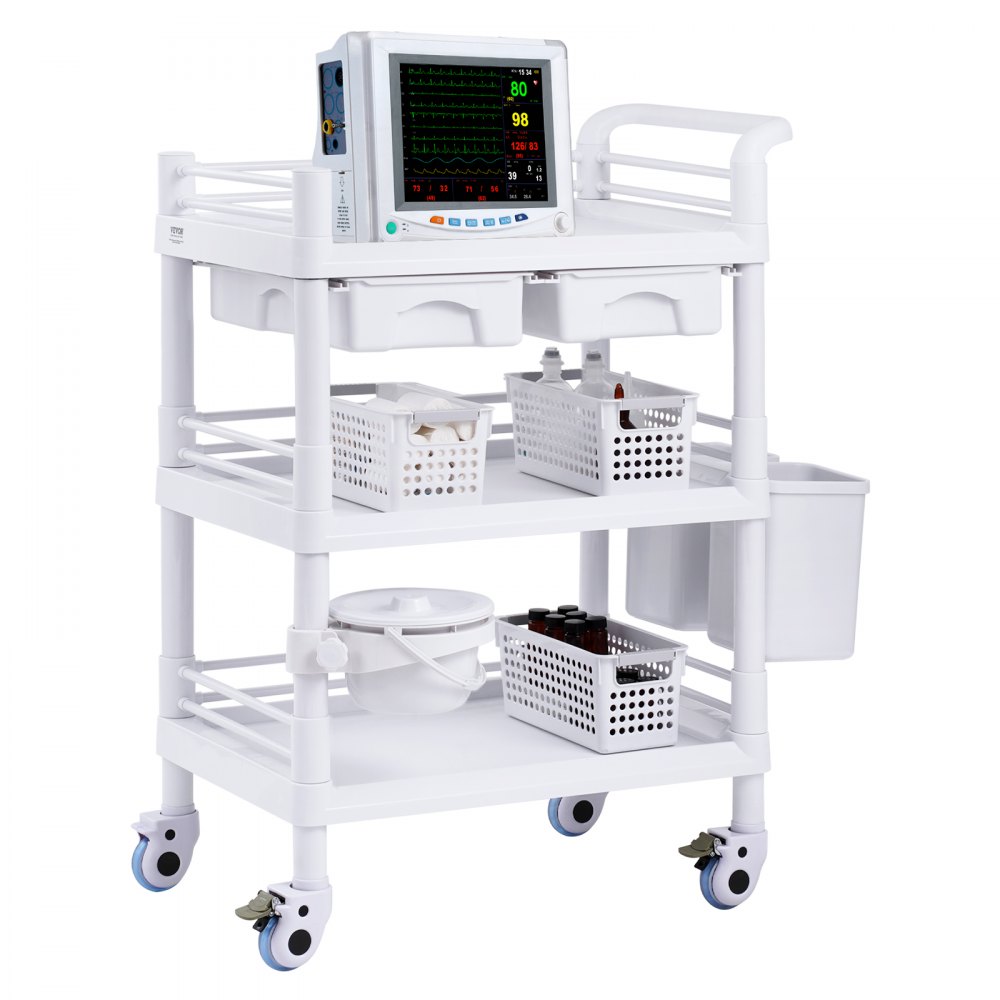 VEVOR 3 Tiers Lab Carts Mobile Medical Cart with 3 Trays & 3 Trash Cans White, Trolley Storage Cart with PP Material, Lab Rolling Cart with 4 Silent Wheels for Lab, Clinic, Hospital, Salon, Office - SYSTCECKFBS4PGK0XV0