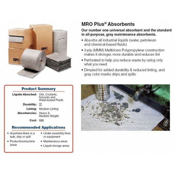 Brady Sorbents, 26 gal, 15 in x 19 in, Oil, Gray, Polypropylene - MRO100-B