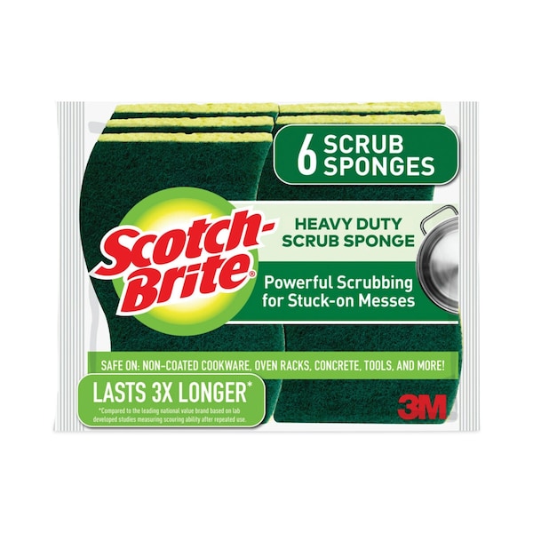 Scotch-Brite Heavy-Duty Scrub Sponge, 4 1/2 x 2 7/10 x 3/5, Green/Yellow, PK6 - 426