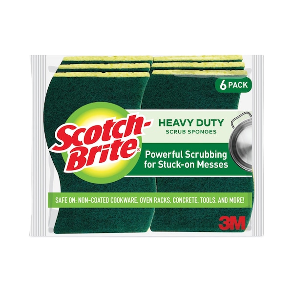Scotch-Brite Heavy-Duty Scrub Sponge, 4 1/2 x 2 7/10 x 3/5, Green/Yellow, PK6 - 426