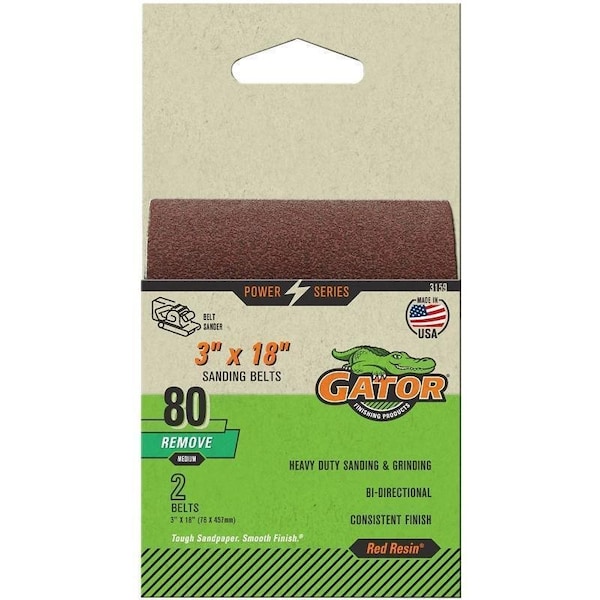 Cinturón de lijado Gator, 3 pulgadas de ancho, 18 pulgadas de largo, 80 granos, medio, abrasivo de óxido de aluminio - 3159
