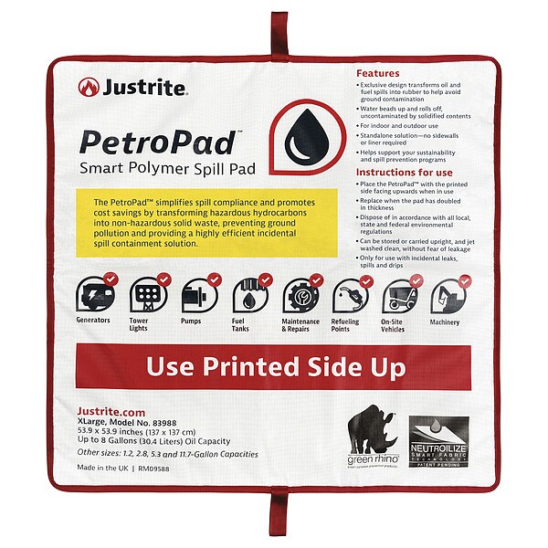 Justrite Sorbent Pad, Not Applicable, 53.9 in x 53.9 in, Flammable Liquids, Fuels, White - 83988