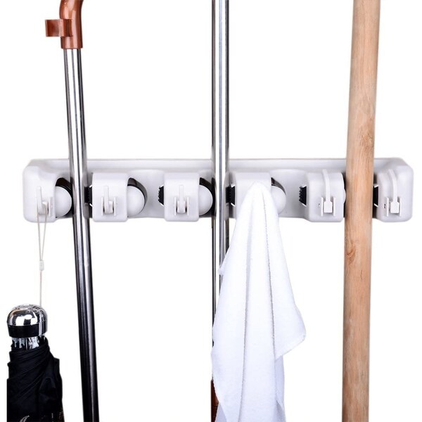 Home Basics Plastic 5 Slot Mop and Broom Organizer, White - MB01905