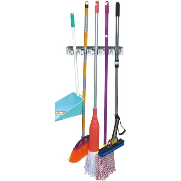 Home Basics Plastic 5 Slot Mop and Broom Organizer, White - MB01905