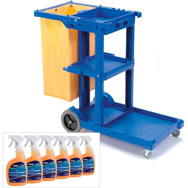Global Industrial Janitor Cart Blue with Citrus Cleaner Degreaser Case - 800377