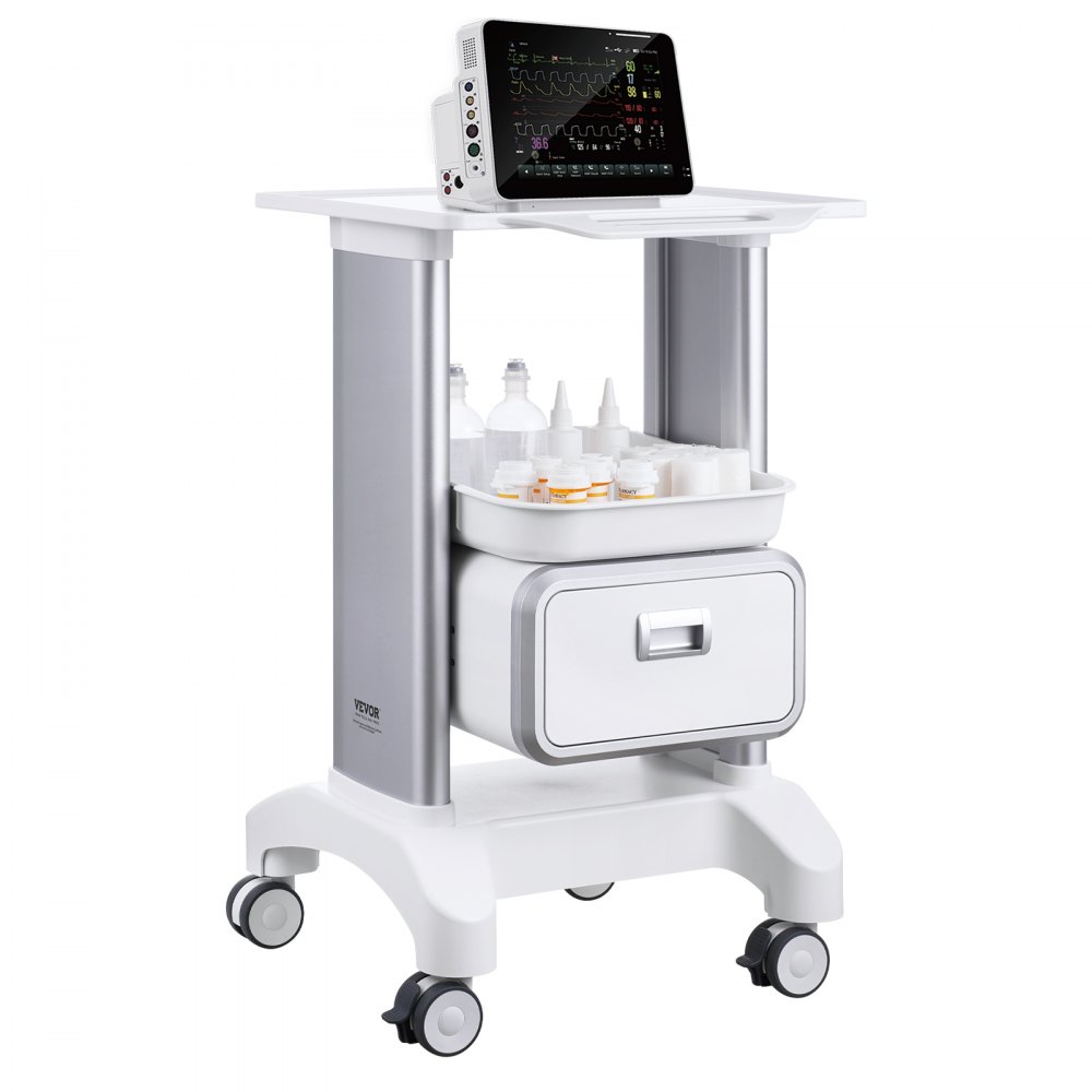 VEVOR 2 Tiers Lab Carts Mobile Medical Cart with 1 Drawer & 1 Top Tray White, Trolley Storage Cart with ABS Material, Lab Rolling Cart with 4 Silent Wheels for Lab, Clinic, Hospital, Salon, Office - SYSTCECKFBS42J1Z1V0