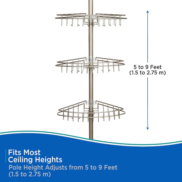 Kenney Mfg 3-Tier Spring Tension Shower Corner Pole Caddy, Satin Nickel - KN61520V1