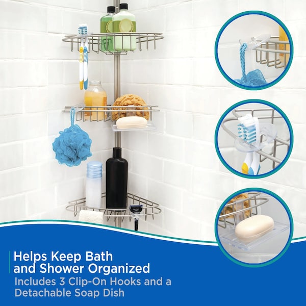 Kenney Mfg 3-Tier Spring Tension Shower Corner Pole Caddy, Satin Nickel - KN61520V1