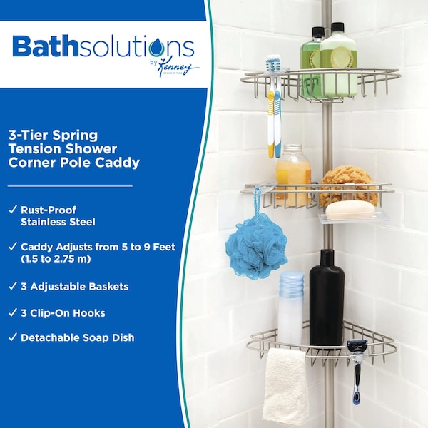 Kenney Mfg 3-Tier Spring Tension Shower Corner Pole Caddy, Satin Nickel - KN61520V1