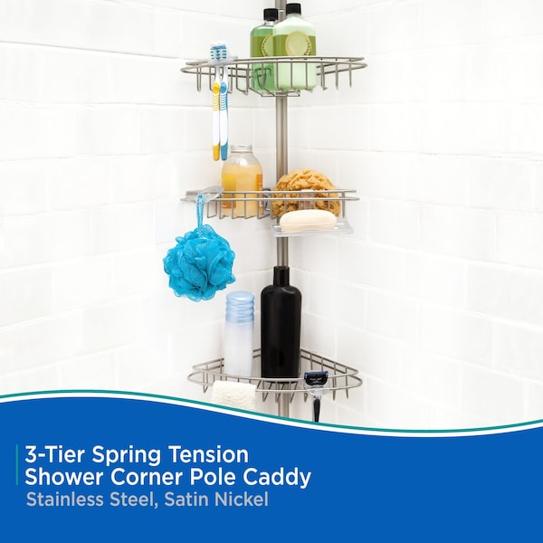 Kenney Mfg 3-Tier Spring Tension Shower Corner Pole Caddy, Satin Nickel - KN61520V1