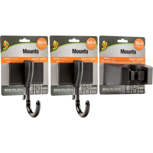 Duck Brand EasyMounts Garage Kit, Includes 2 Drywall Hooks and 1 Tool Holder, Black - 287392