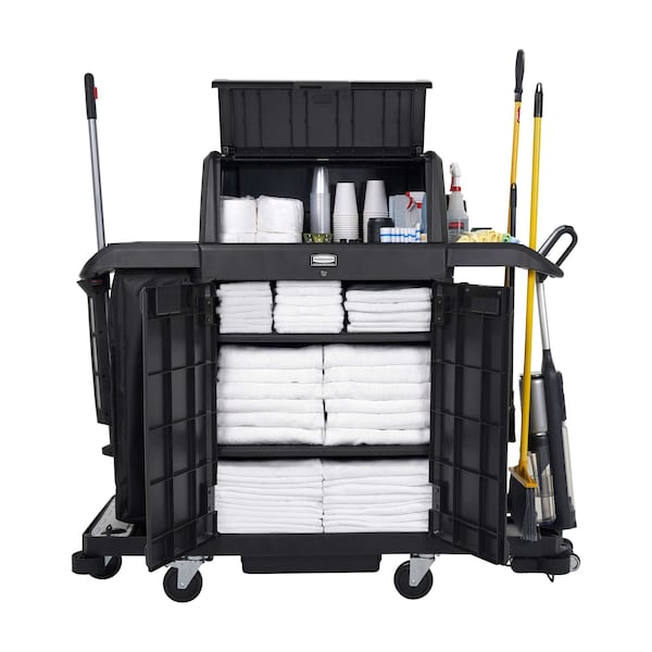 Rubbermaid Commercial Housekeeping Cart, Plastic Frame, Black - 2202587