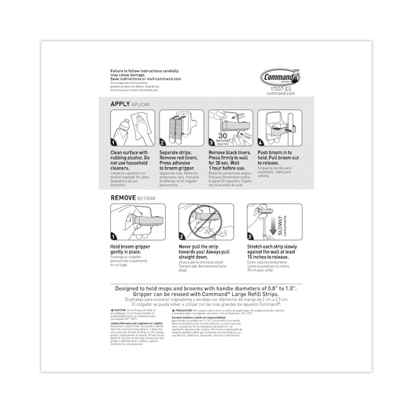 Command Broom Gripper, 3.12 x 1.85 x 3.34, White/Gray, 6 Grippers/16 Strips, PK6, 6PK - 17007-S6NA