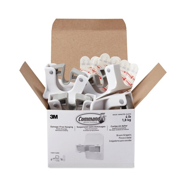 Command Broom Gripper, 3.12 x 1.85 x 3.34, White/Gray, 6 Grippers/16 Strips, PK6, 6PK - 17007-S6NA