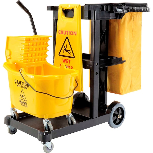 Global Industrial Janitor Cart Black with Mop Bucket and Wet Floor Sign - 800308