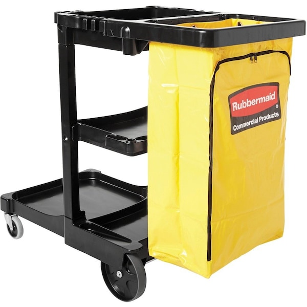 Rubbermaid Commercial Janitor Cart, Vinyl Bag, 3 Shelves, 21-3/4"x46"x38-3/8", BK/YW - RCP617388