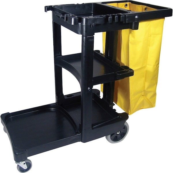 Rubbermaid Commercial Janitor Cart, Vinyl Bag, 3 Shelves, 21-3/4"x46"x38-3/8", BK/YW - RCP617388