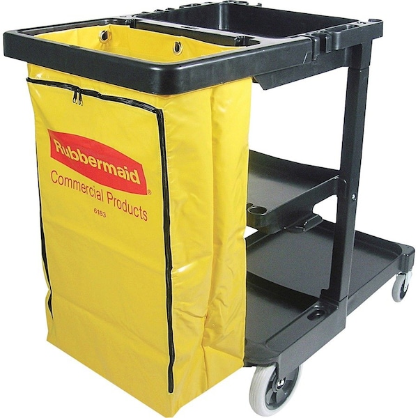 Rubbermaid Commercial Janitor Cart, Vinyl Bag, 3 Shelves, 21-3/4"x46"x38-3/8", BK/YW - RCP617388