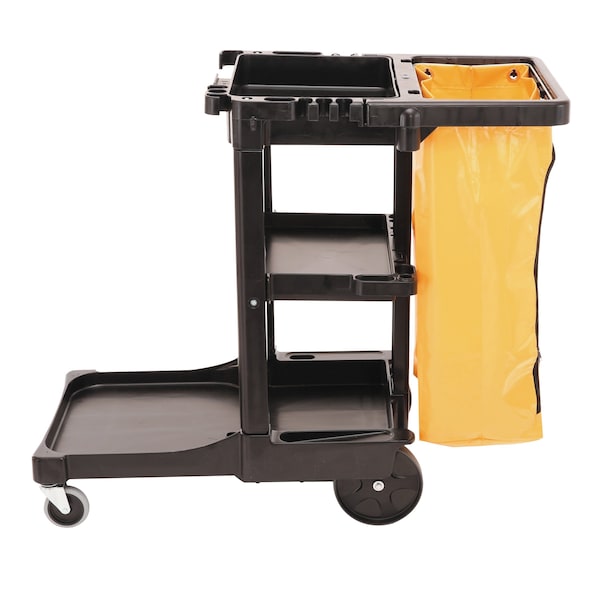 Rubbermaid Commercial Multi-Shelf Cleaning Cart, Three-Shelf, 20w x 45d x 38-1/4h, Black - FG617388BLA