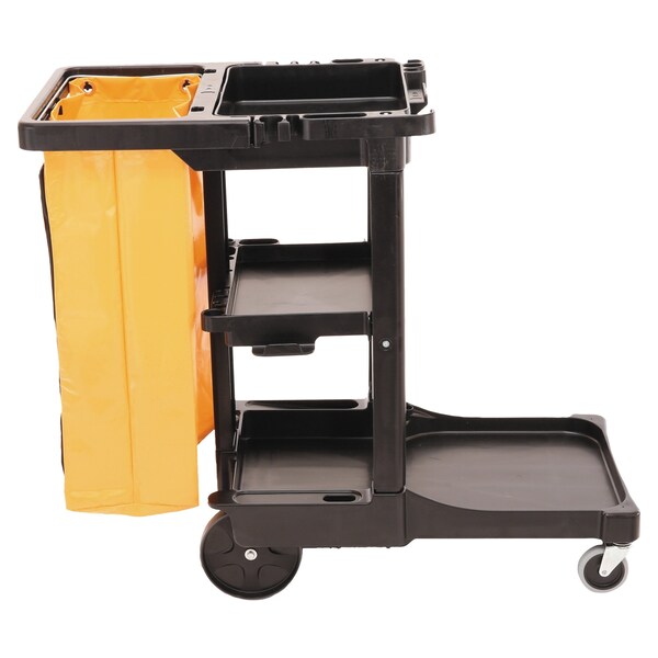 Rubbermaid Commercial Multi-Shelf Cleaning Cart, Three-Shelf, 20w x 45d x 38-1/4h, Black - FG617388BLA