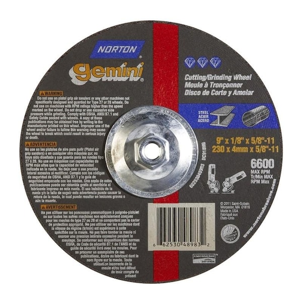 Rueda de esmeril Norton Co, Depressed Center, Tipo 27 - Metal - Óxido de Aluminio Gemini, 9 x 1/8 x 5/8-11, RPM Máx: 6600 - 662530-48983