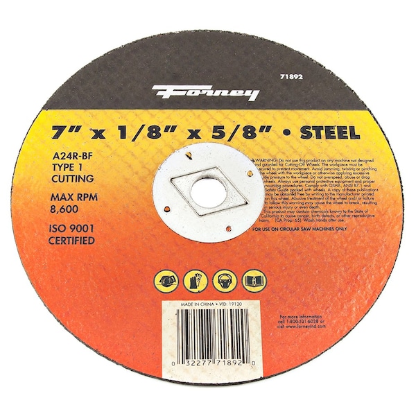 Rueda de corte Forney, Metal, Tipo 1, 7 pulgadas x 1/8 pulgadas x 5/8 pulgadas - 71892