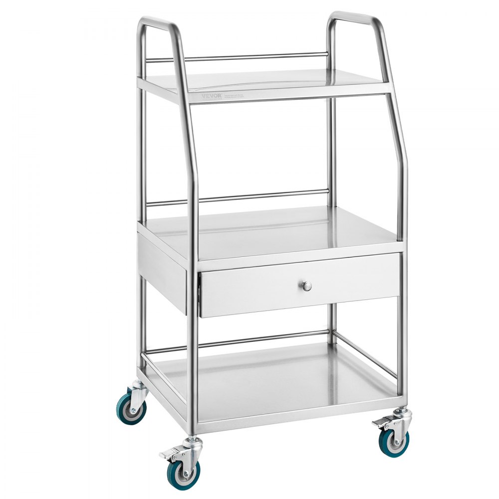VEVOR Lab Serving Cart, 3 Layers Stainless Steel Utility Rolling Cart, Medical Cart with A Drawer, Dental Utility Cart with Lockable Wheels, for Laboratory, Hospital, Dental Use - SYSST42014303ZTSCV0