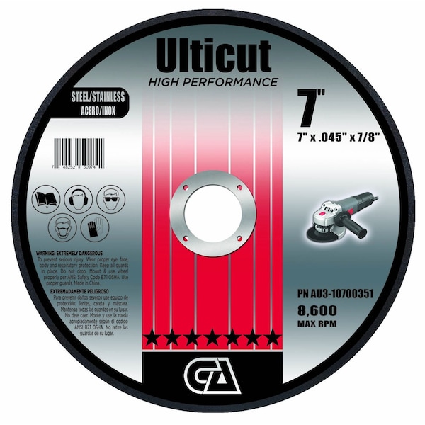 Rueda de corte delgada Premium Ulticut de Continental Abrasives de 7" x .045" x 7/8" - AU3-10700351