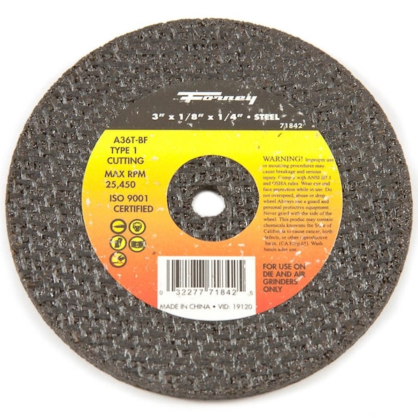 Rueda de Corte Forney, Metal, Tipo 1, 3 pulgadas x 1/8 de pulgada x 1/4 de pulgada - 71842