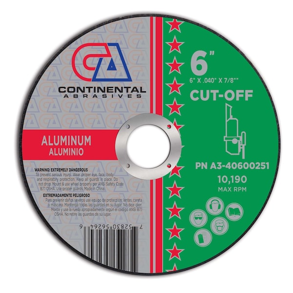 Rueda de corte para soluciones de aluminio de Continental Abrasives de 6" x .040" x 7/8" T1 - A3-40600251.