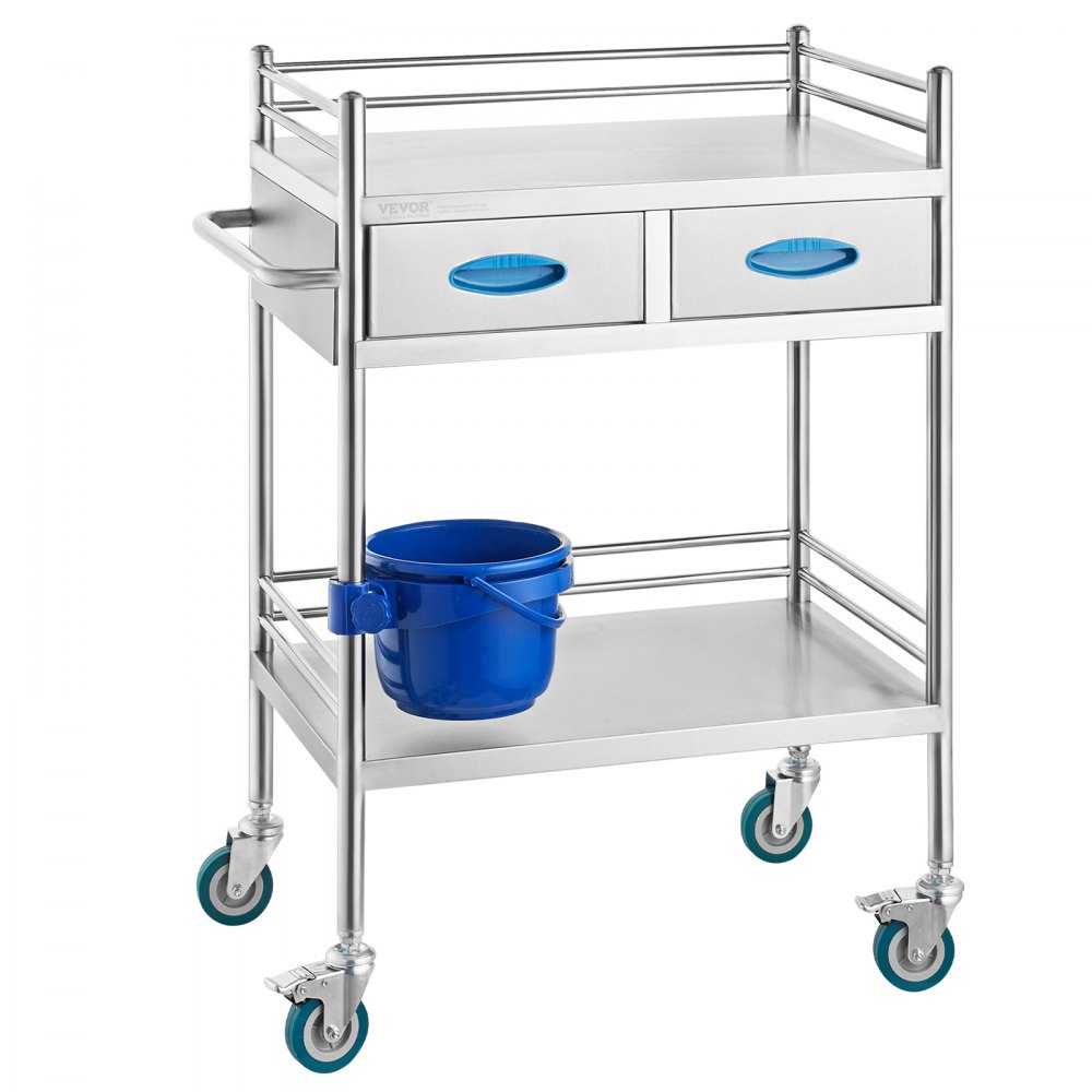 VEVOR Lab Serving Cart, 2 Layers Stainless Steel Utility Rolling Cart, Medical Cart with Two Drawers, Dental Utility Cart with Lockable Wheels and A Bucket, for Laboratory, Hospital, Dental Use - SYSST42014302PL3ZV0