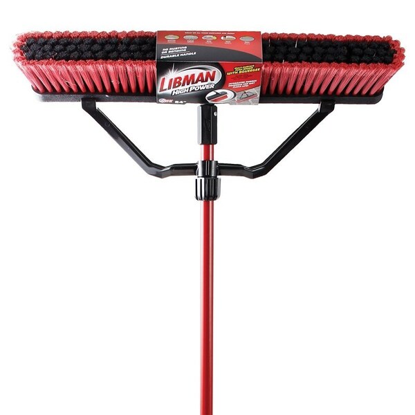 The Libman Co Multi-Surface Squeegee Push Broom, 25-1/2 in Sweep Face, 3 in L Trim, Recycled PET Bristle, 64 in L, Red - 1230
