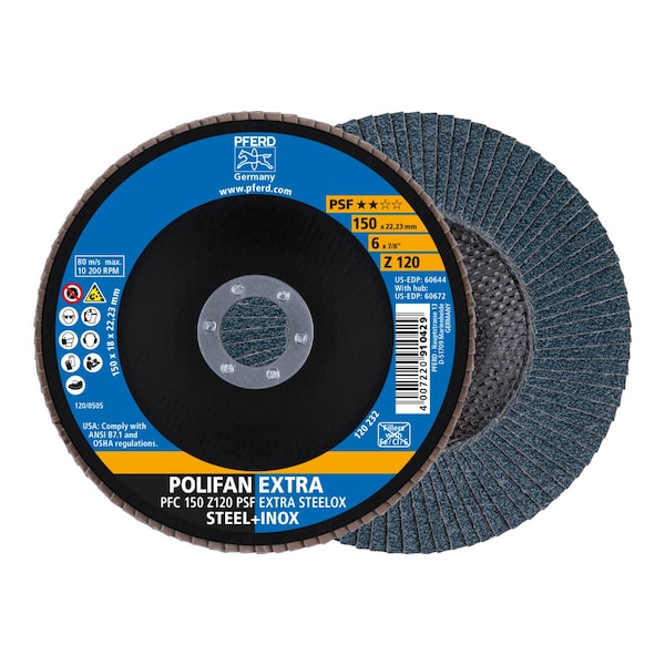 Disco de láminas Pferd 6" x 7/8" A.H. POLIFAN - Z PSF EXTRA STEELOX, Zirconia, 120 Granos, Cónico - 60644