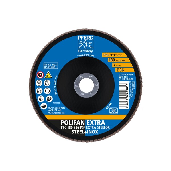 Pferd 7" x 7/8" A.H. Disco de aletas POLIFAN® - Z PSF EXTRA STEELOX, Zirconia, 36 grano, Cónico - 60646