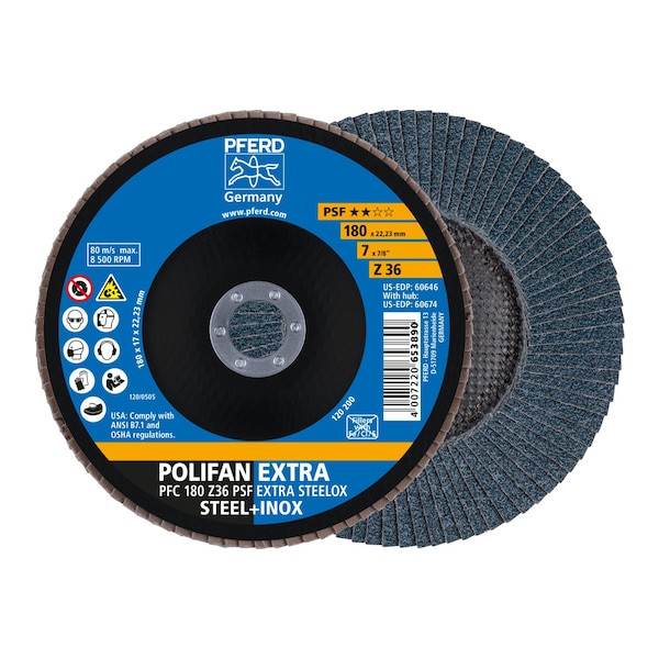 Pferd 7" x 7/8" A.H. Disco de aletas POLIFAN® - Z PSF EXTRA STEELOX, Zirconia, 36 grano, Cónico - 60646