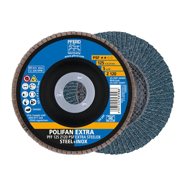 Disco de láminas Pferd 5" x 7/8" A.H. POLIFAN® - Z PSF EXTRA STEELOX, Zirconia, 120 Grit, Plano - 60469