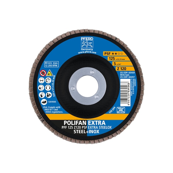 Disco de láminas Pferd 5" x 7/8" A.H. POLIFAN® - Z PSF EXTRA STEELOX, Zirconia, 120 Grit, Plano - 60469