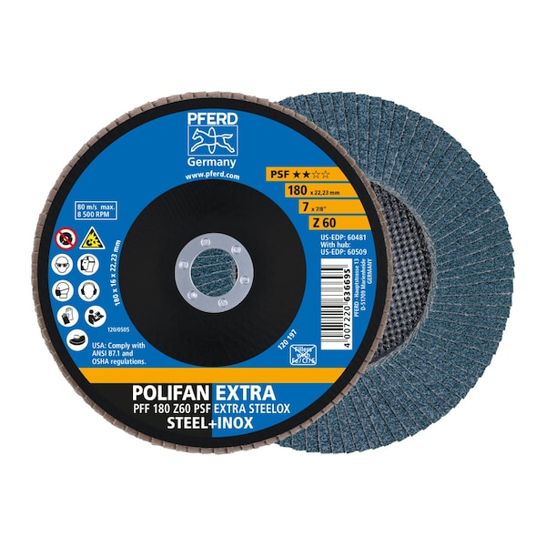 7" x 7/8" A.H. POLIFAN® Disco de Aletas - Z PSF EXTRA STEELOX, Zirconia, 60 Granos, Plano - 60481
