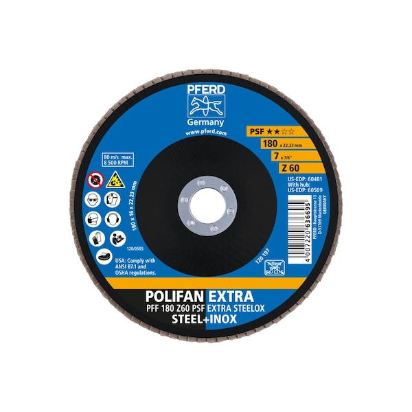 7" x 7/8" A.H. POLIFAN® Disco de Aletas - Z PSF EXTRA STEELOX, Zirconia, 60 Granos, Plano - 60481