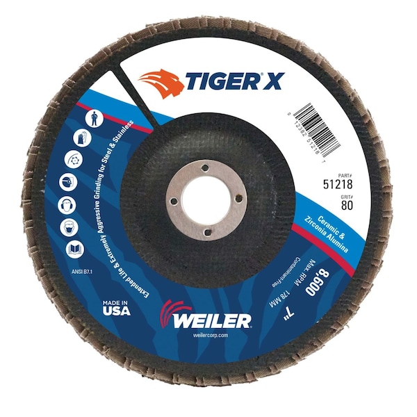 Weiler 7" Tiger X Disco de Láminas, Angulado (TY29), Respaldo Fenólico, 80Z, 7/8" - 51218