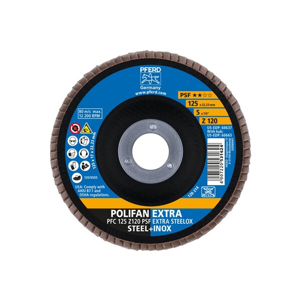 Disco de láminas POLIFAN® 5" x 7/8" A.H. - Z PSF EXTRA STEELOX, Zirconia, 120 Grit, Cónico - 60637