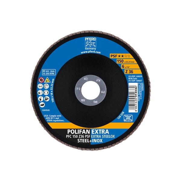 Disco de láminas POLIFAN® Pferd de 6" x 7/8" A.H. - Z PSF EXTRA STEELOX, de Zirconia, 36 Grit, Cónico - 60639