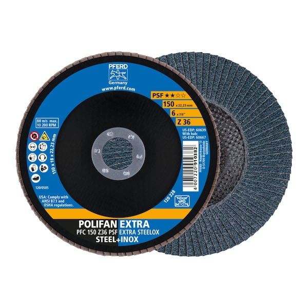 Disco de láminas POLIFAN® Pferd de 6" x 7/8" A.H. - Z PSF EXTRA STEELOX, de Zirconia, 36 Grit, Cónico - 60639