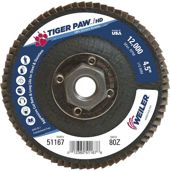 Weiler 4-1/2" Disco de Aletas de Densidad Tiger Paw, Plano (TY27), 80Z, 5/8"-11 UNC - 51167